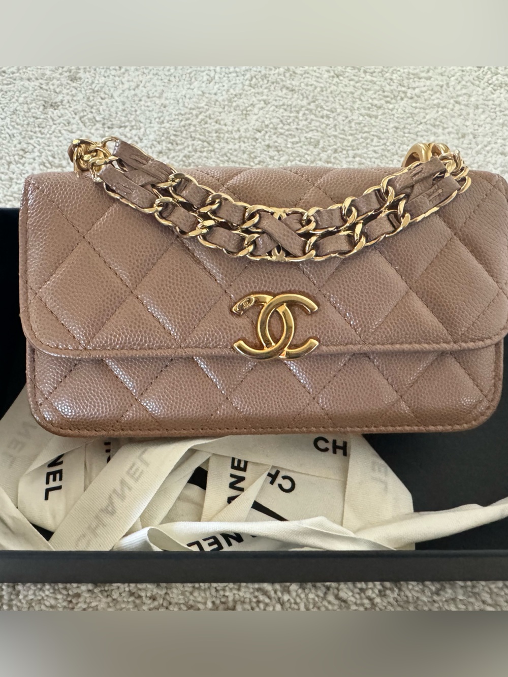 CHANEL Quilted Caviar Leather Wallet on Chain - Taupe Brown with Gold Hardware